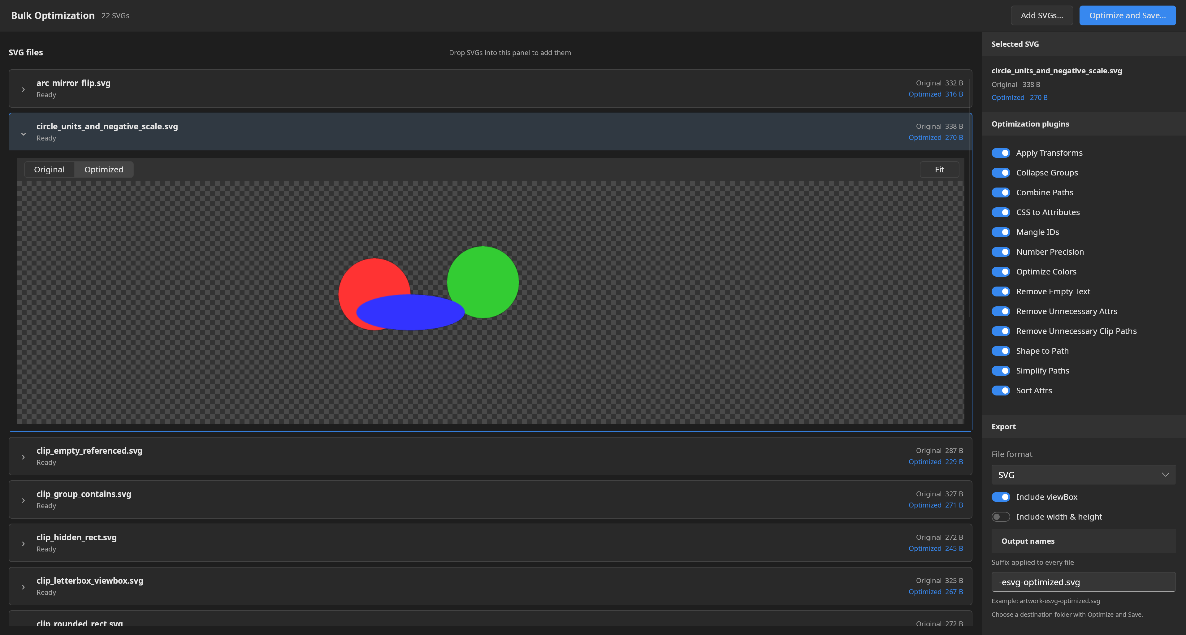 ESVG bulk optimization showing a collection of SVG files, individual size reductions, a preview, and output settings.