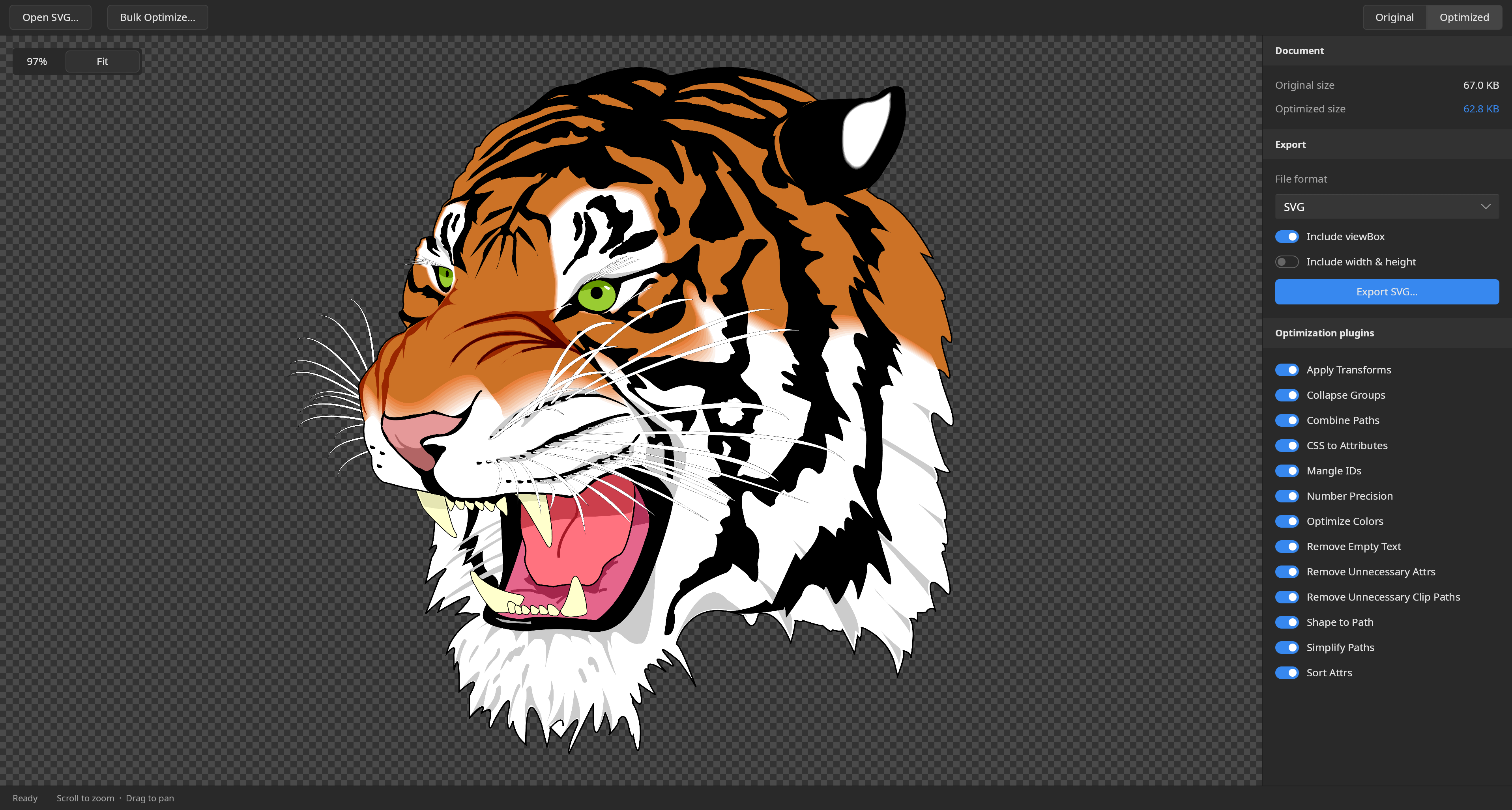 ESVG displaying a tiger illustration with original and optimized previews, file sizes, and optimization controls.