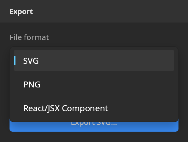 Export format menu offering SVG, PNG, and React/JSX Component.