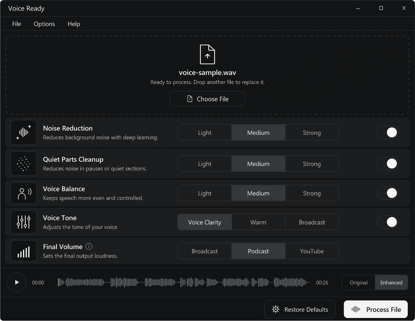 Voice Ready interface showing noise reduction, voice balance, tone, volume, and audio preview controls